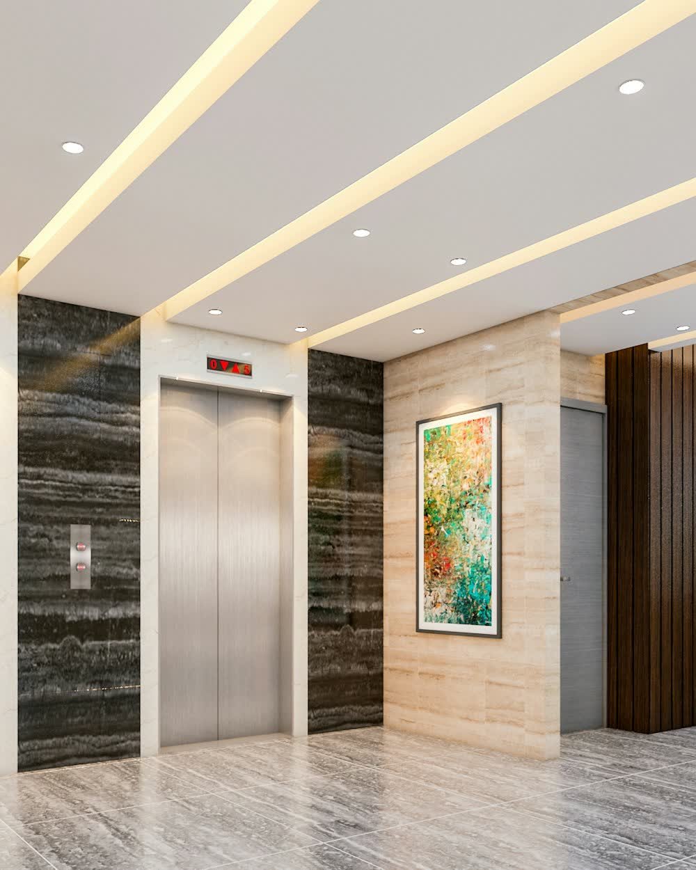 A polished lobby with elevators and a reception desk